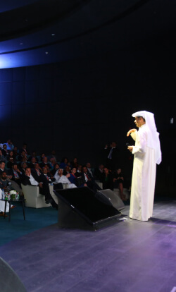 Man conducting a presentation at d3 auditorium